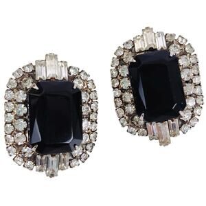 Vintage 1960s Black Glass Rhinestone Post Back Earrings Silver Tone Cocktail